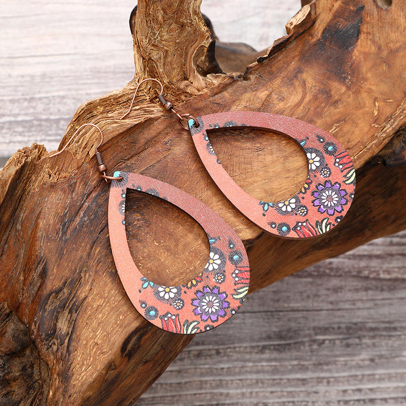 Wholesale Advanced New Printed Wooden Cactus Earrings Creative Water Drops Hollow Flower Earrings